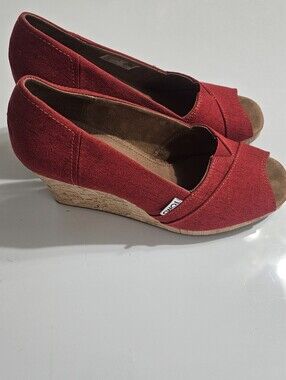 Toms Red Canvas Peep-Toe Cork Wedge Espadrille Size 8.5
